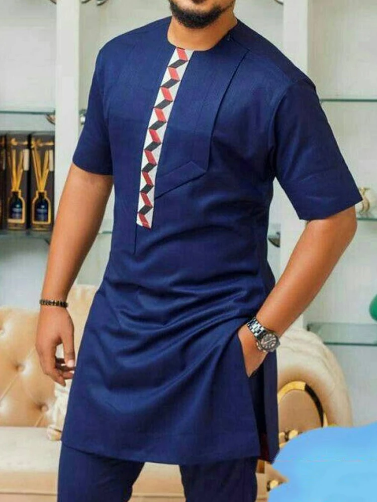 Muslim Fashion Loose Short Sleeve Color Block African Men's Long Shirt Men's Top Casual Shirt Islamic Clothing 2021Kaftan Kurta