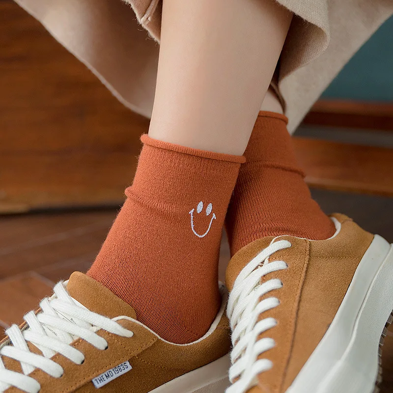 Женские носки однотонные хлопковые с мультяшным улыбающимся лицом|Носки| |