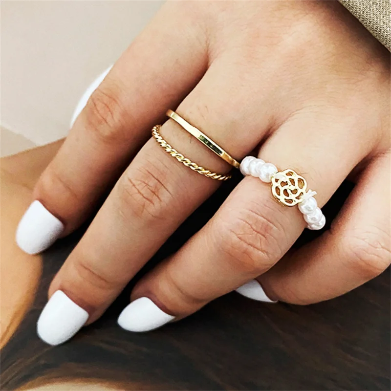 

Fashion Pearl Camellia Rings Set For Women Girls Multi-layer Opening Ring Simple Couple Ring Jewelry