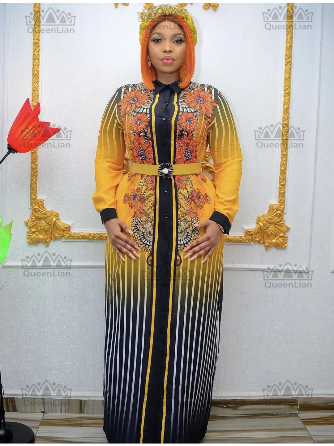 Новое модное платье традиционного стиля Дашики с черным поясом и воротником на пуговицах из африканского шифона с бриллиантами для женщин (CPXF08).