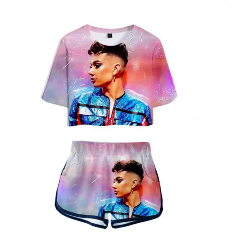 

Merch James Charles Printed shirt Sexy 2 Piece Set Women Conjunto Feminino Crop Top Shorts Set Two Piece Outfits beach jogger