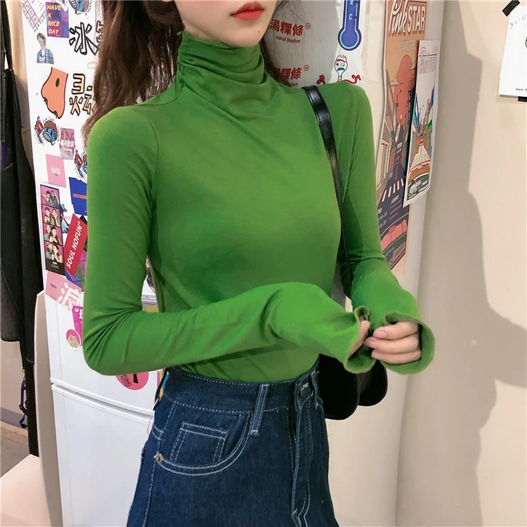 

15 Colors Women Turtleneck Long Sleeve Bottoming Soft T-shirts Tee Girls Solid Slim Basic Undershirts Tees T shirts Tops Female