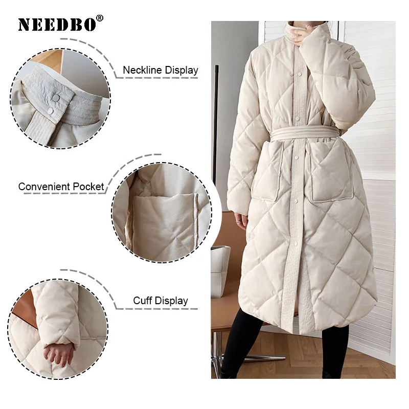 NEEDBO Ladies Puffer Coat Padded Elegant Winter Jacket Women Parka Mujer Warm Loose Casual Stand Up Collar Outweart Winter Women