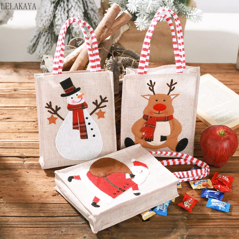 

Merry Christmas StoBag Elk Snowman Santa Claus Linen Gifts Bag 3D Embroidered Handbag Apple Candy Cookie Gift Packaging Tote Bag