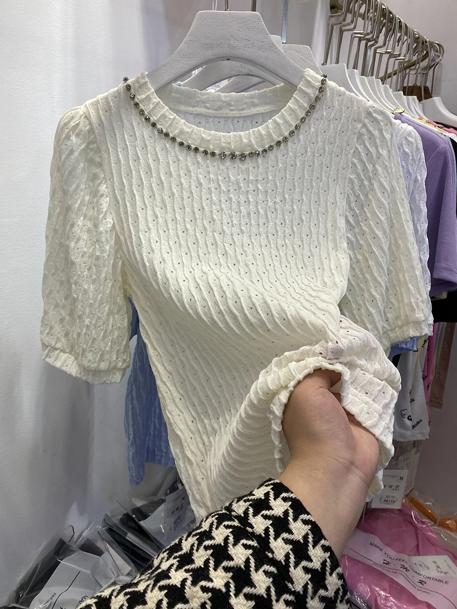 

Fashion Niche Heavy Beads Pleated T-shirt for Women 2021 Summer Short-Sleeved Bottoming T-shirt Simple Temperament Tops
