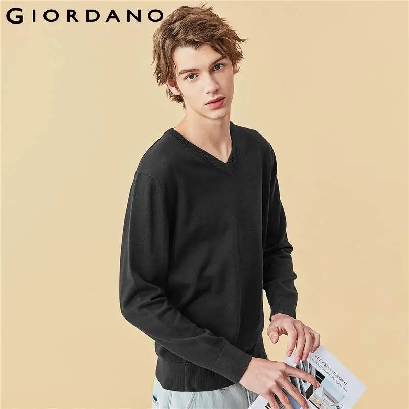Мужской Однотонный свитер Giordano Трикотажный Хлопковый Повседневный с V-образным