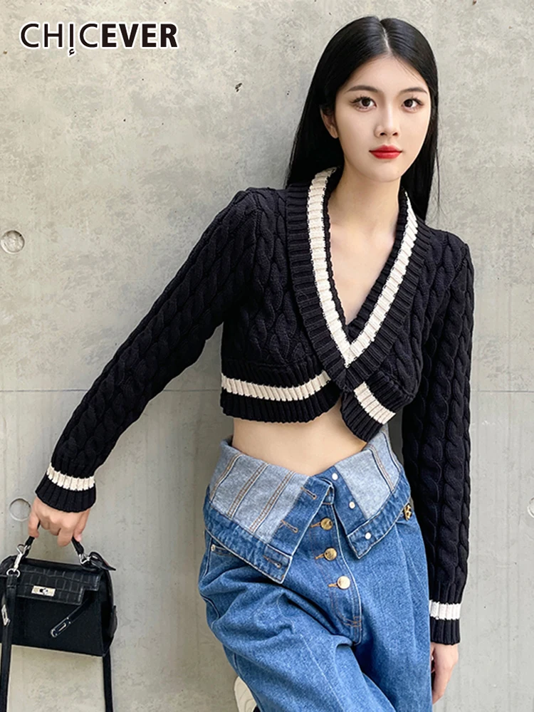 

CHICEVER Casual Crisscross Knitting Sweater For Women V Neck Long Sleeve Two Tone Slim Temperament Sweaters Female 2022 Clothing