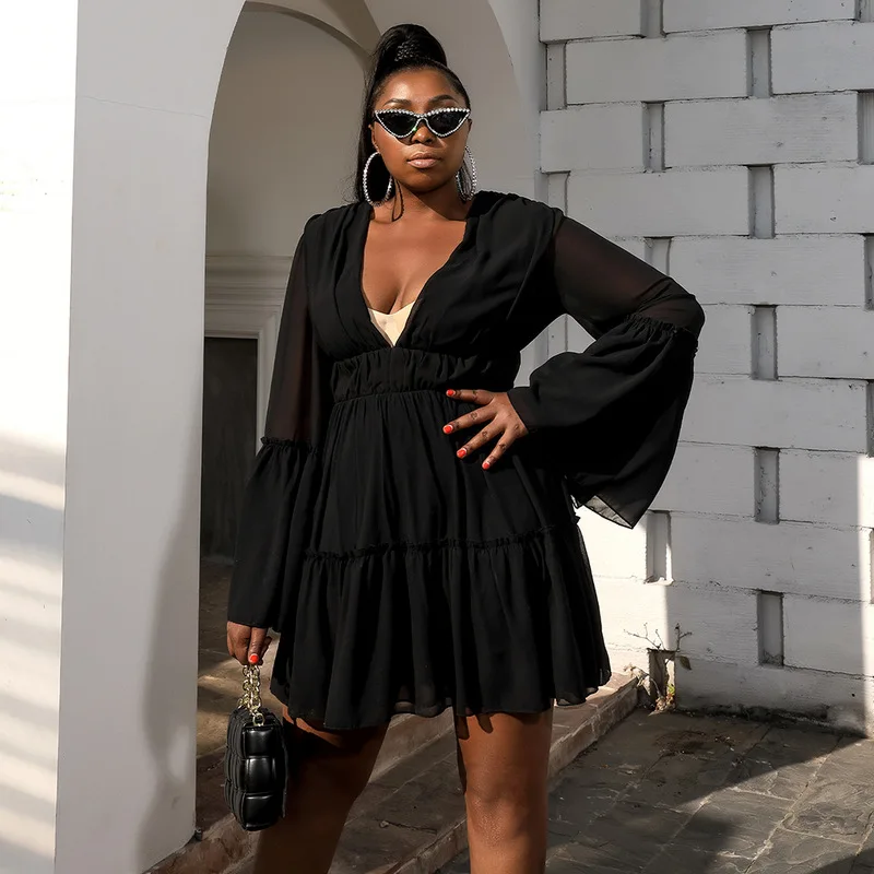 

JIAK Summer Dress Women Plus Size Deep V Neck Long Flare Sleeve Vintage Chiffon Short Elegant Dresses Curve Vestidos Robe