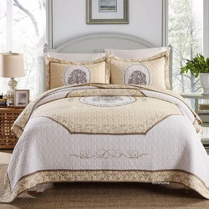 

J1 European 100% Cotton Embroidery Quilt Set 3PCS Quilted Bedding Bedspread Bed Sheet Bed Linen Bed Cover Blanket Pillowcase
