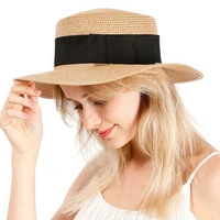 ht3088 new straw hat flat top brim boater hat beach cap ladies black band summer sun hat female retro panama beach hat fedoras