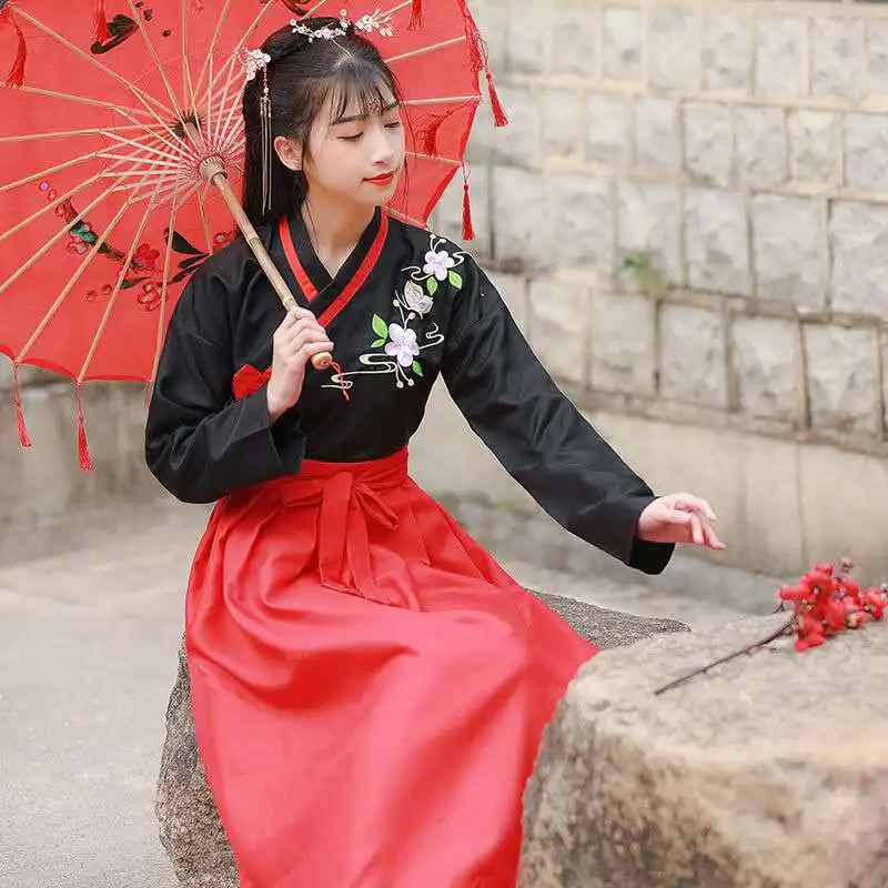 

Embroidery Chinese Traditional Hanfu Women Red and Black Ming Dynasty Chinese Dress Plus Size Hanfu Female Teenage Girls Clothes