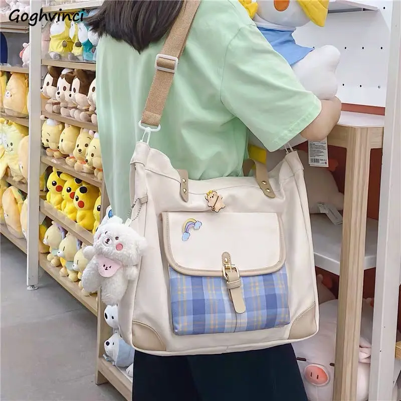 

Холщовые клетчатые сумки через плечо для женщин, в стиле преппи, с несколькими карманами, экологичные милые вместительные прочные многораз...