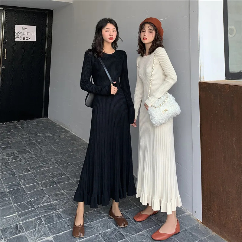 

Elegant Women Knitted Sweater Dress O-neck Ruffles Women Winter Dresses Solid A-line Long Knitted Dress Vestidos Female JK310