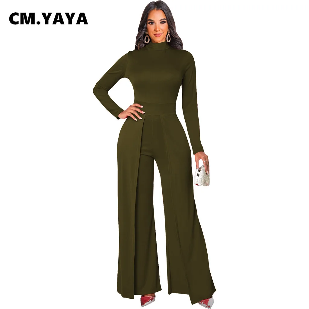 

CM.YAYA Women Turtleneck Long Sleeve Splicing Straight Wide Leg Jumpsuit Elegant Sexy Party One Piece Overall Romper Playsuits
