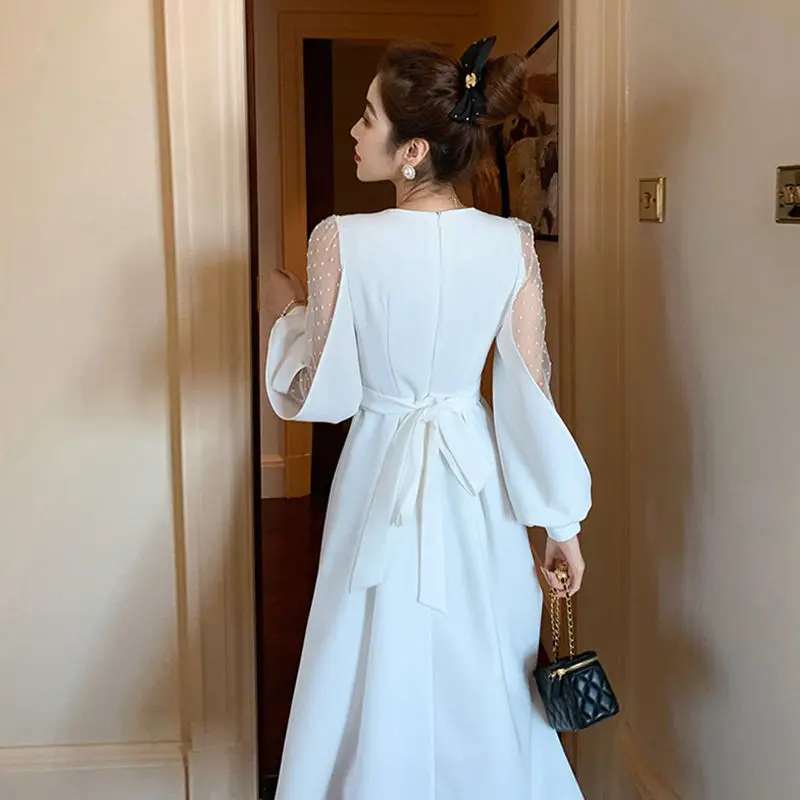 

Summer White Fairy Dress Women Elegant Pathcwork Party Night Dress Female Office Lady Lace Korean One-piece Dress Women 2021 New
