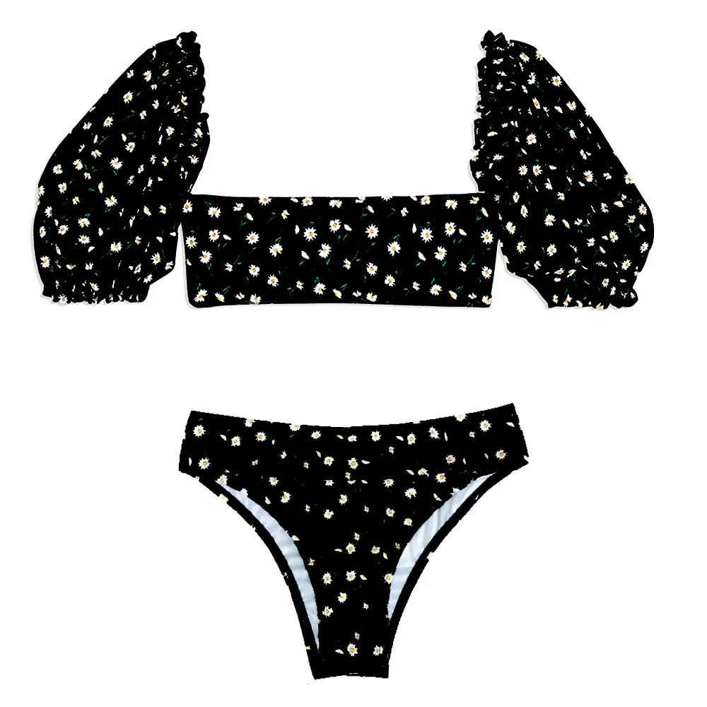 2021 new European and American split bikini short sleeve high waist printed 3-color floral split sexy women's swimsuit