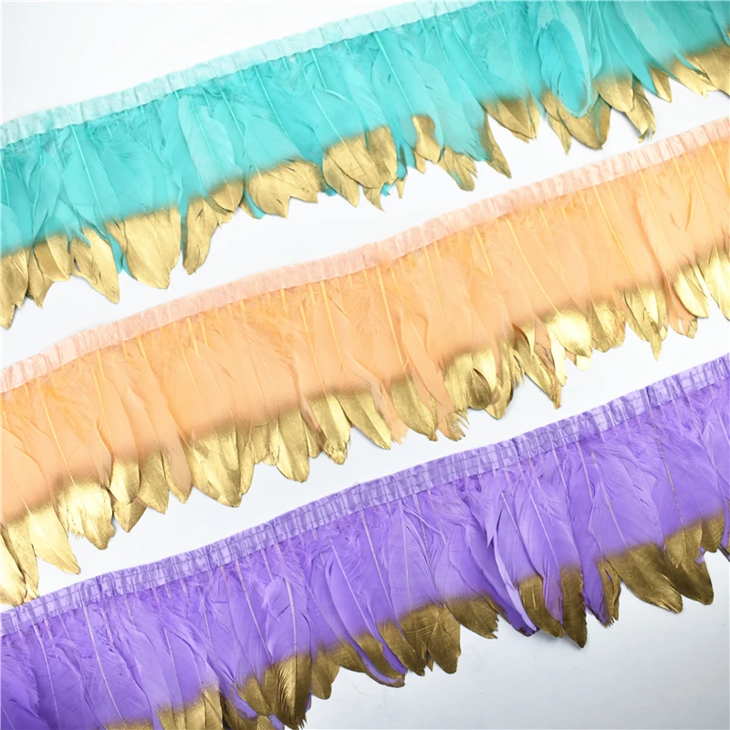 

2Meters Gold Silver Dipped Goose Feathers Trim Tape Fringe Ribbon Colorful Geese Feather for Crafts Dress Clothing Plumes Decor