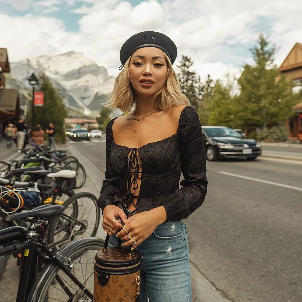 

2019 Autumn New Women Sexy Lace Up Fashion Long Sleeve Square Collar Black Shirt Lady Slim Casual Tops