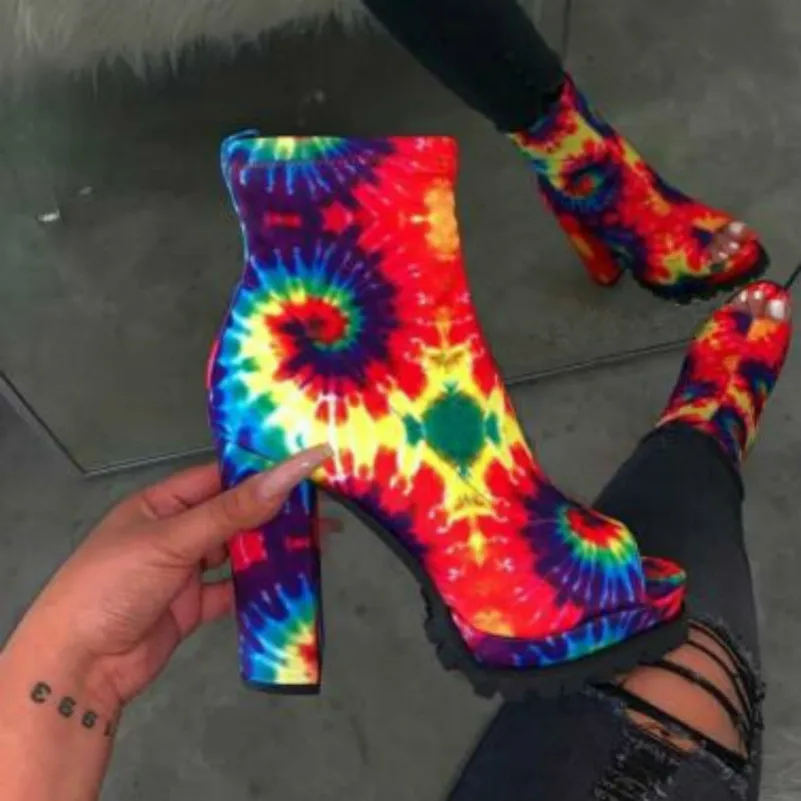 

Winter 2020 Fashion Boots Women's Zipper Boots Snake Pattern Waterproof Platform High-heeled Thick-soled Open Toe Low-tube Boots