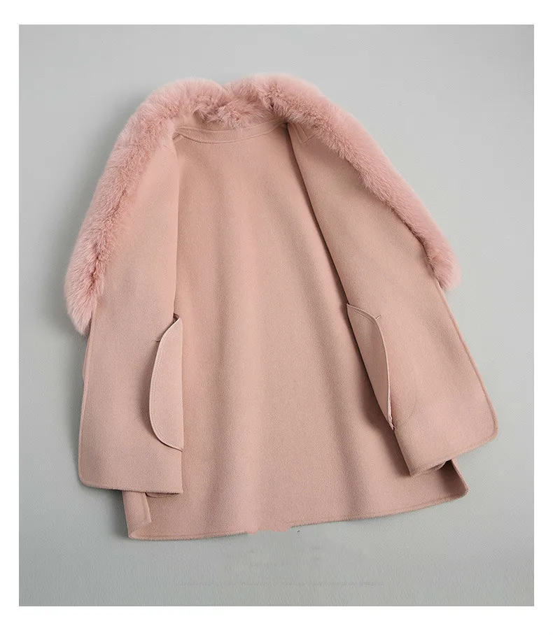 Autumn Winter Women Big Fox Fur Collar Real Wool Female Double-side Woolen Coat Vintage Jacket X2412000DMP8101MY1902 | Женская одежда