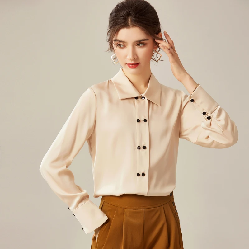 

100% Silk Women's Shirt Turn Down Collar Long Sleeves Double Breasted Elegant Office Lady Blouse Tops
