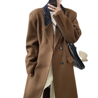 winter womens retro fashion straight silhouette suit collar woolen coat casual waist loose warm long stitching jacket solid