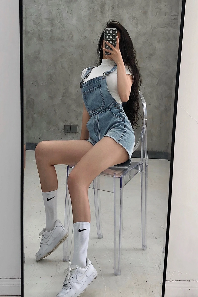 

2020 Summer New Sexy Womens Girl Female Shoulder Strap Button Blue Denim Playsuits Vintage Solid Color Slim Korea XC05