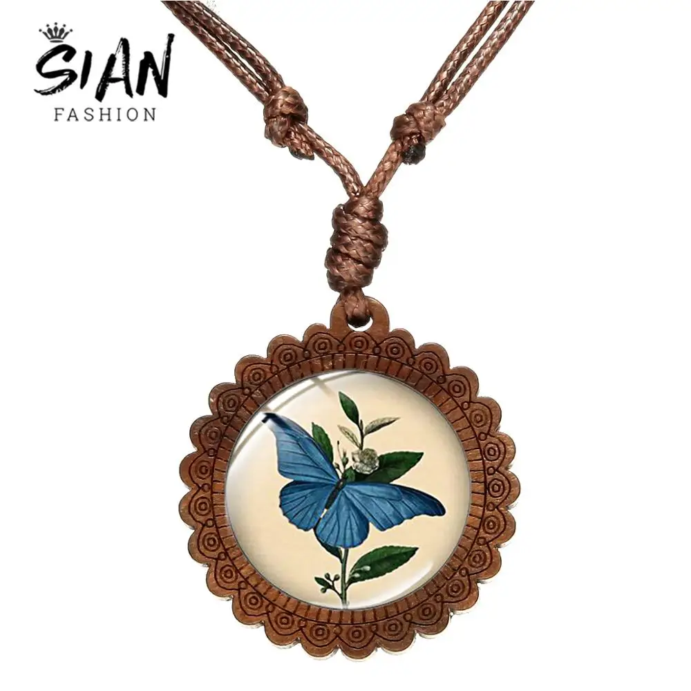 SIAN Vintage Blue Butterfly Wooden Necklace and Flower Pictures Charm Pendant Glass Dome Female Elegant Sweater Chain | Украшения и