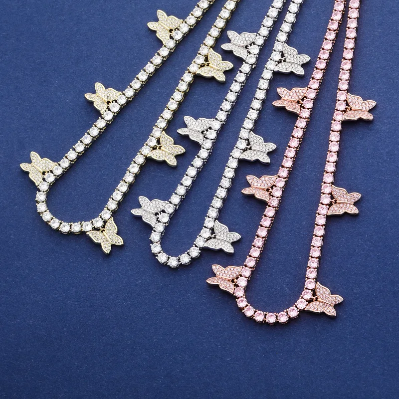 Хип-хоп 1 ряд Циркон блестящая ледяная бабочка lette теннисная цепочка на шею для