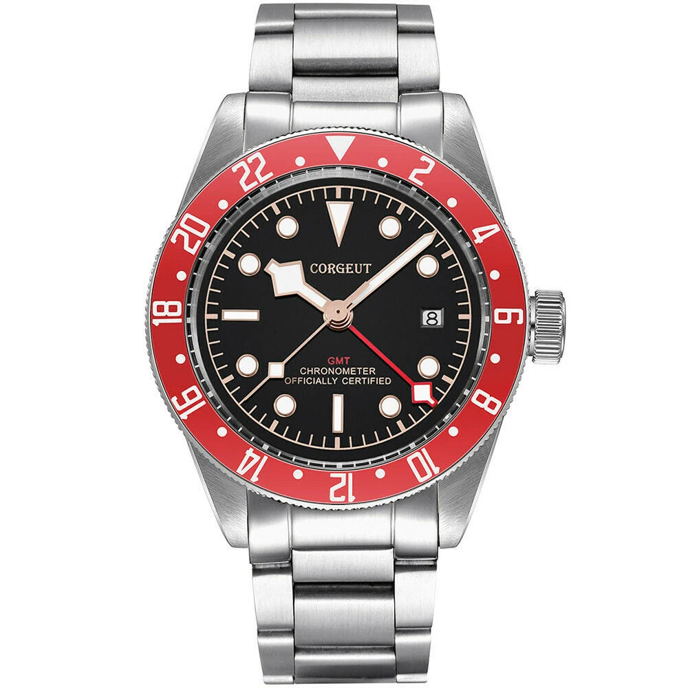 Corgeut 41 мм черный циферблат Сталь ремешок Механические Сапфир Стекло GMT