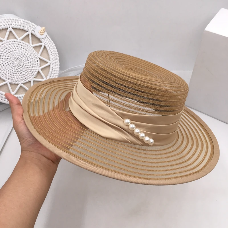 

Gold organza flat top hat women's fashion euramerican show breathable cool hat holiday big eave shade grass sun hats