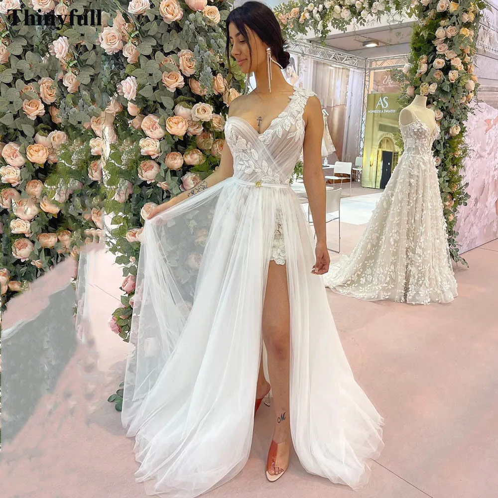 

Thinyfull One Shoulder Lace Wedding Dresses Pleated 2 Pieces Overskirt Bridal Gowns Princess Custom Made Bridal Dress 2022