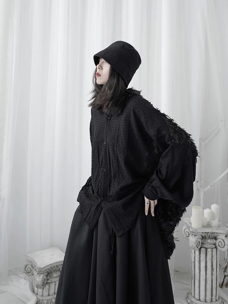 Домашняя блузка с длинными рукавами свободная в стиле Ямамото темно Лоскутная