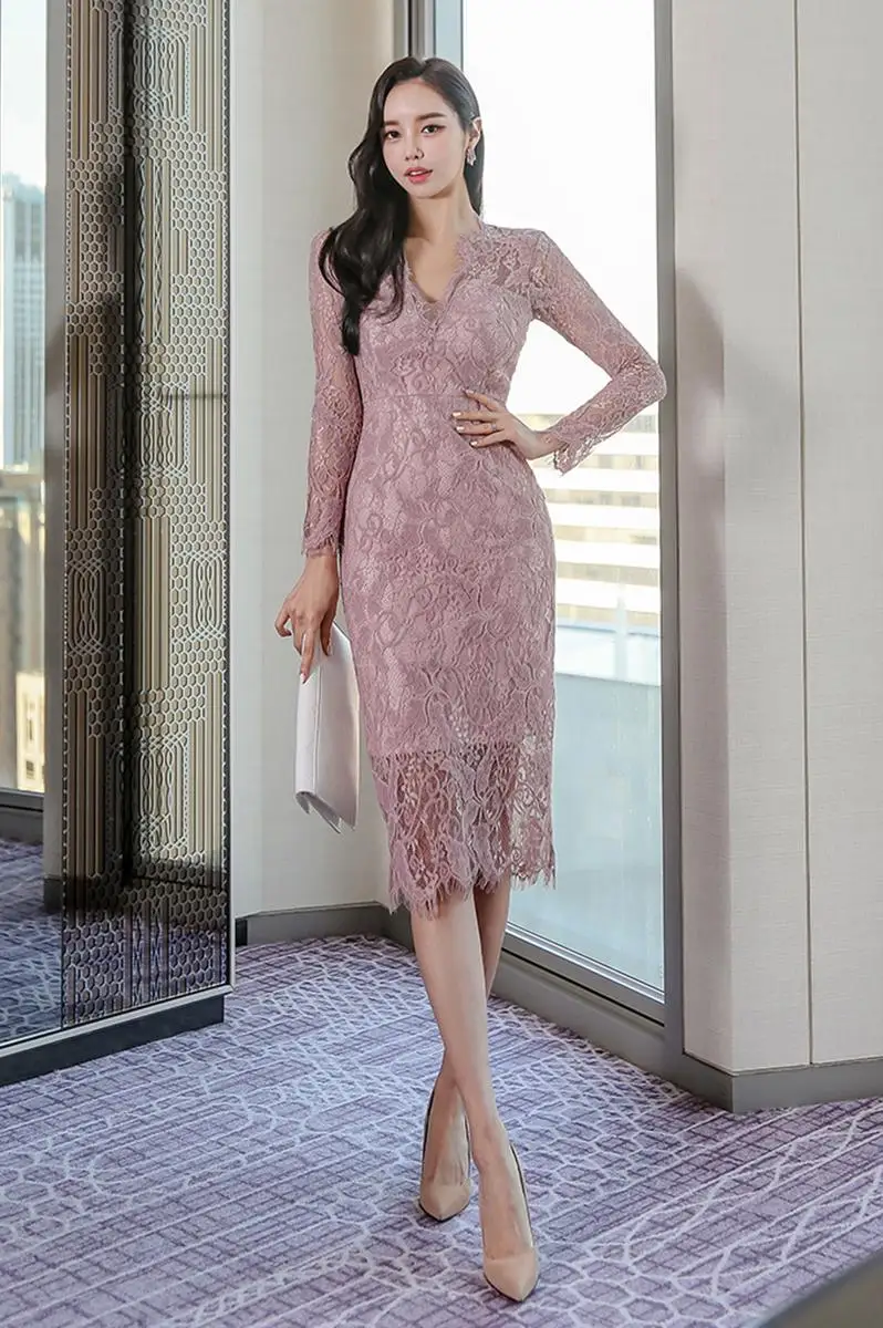 

COIGARSAM Fashion Lace Women dress New Spring V-Neck Dresses Pink 9455