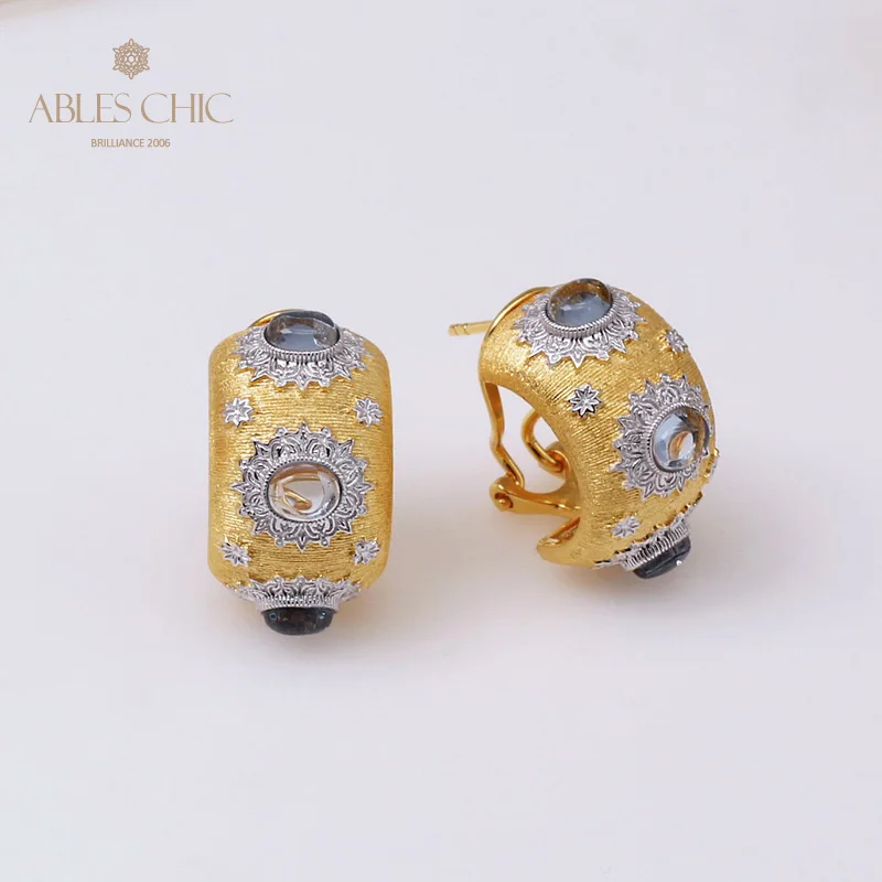 

6prs 18K Gold Two Tone Sapphire CZ Sunny Silky Earrings 925 Silver Wide Hoop Bright Fireball Earring Renaissance Jewelry C115280