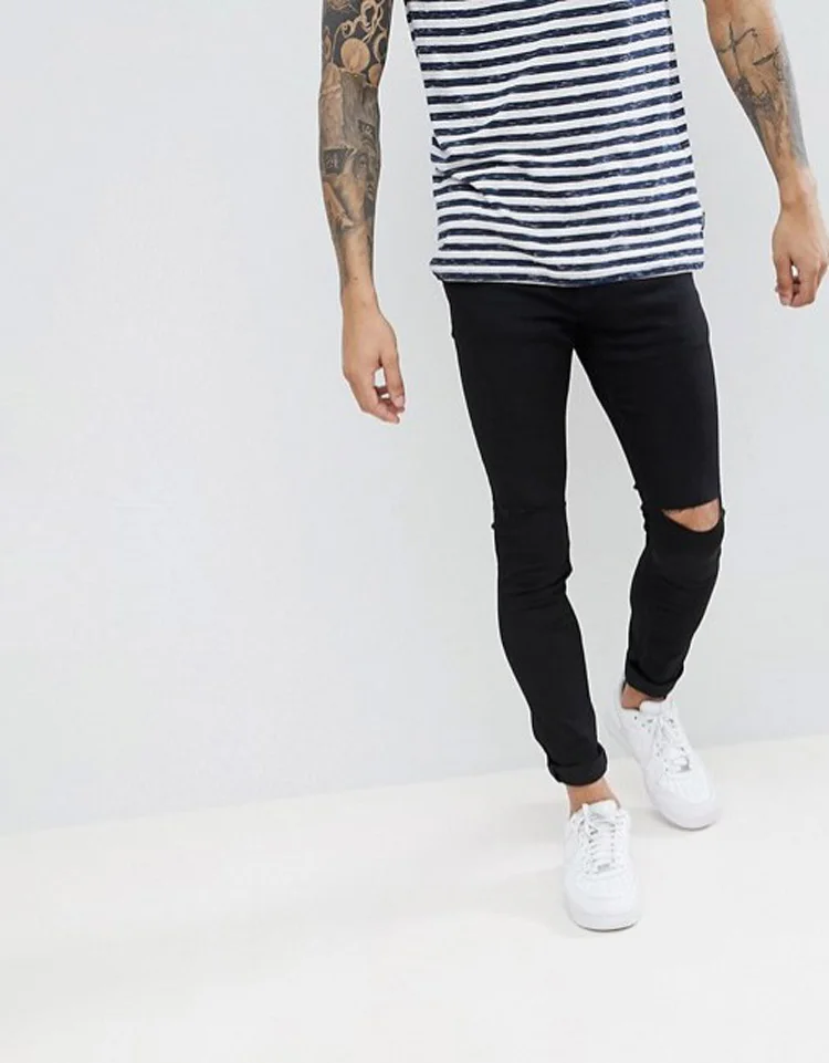 Black men's jeans tight stretch hole slim pants locomotive men | Мужская одежда