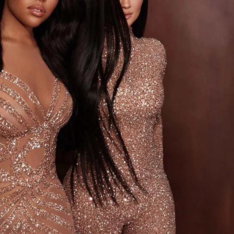 Женский обтягивающий комбинезон с блестками весна лето 2020 длинным рукавом