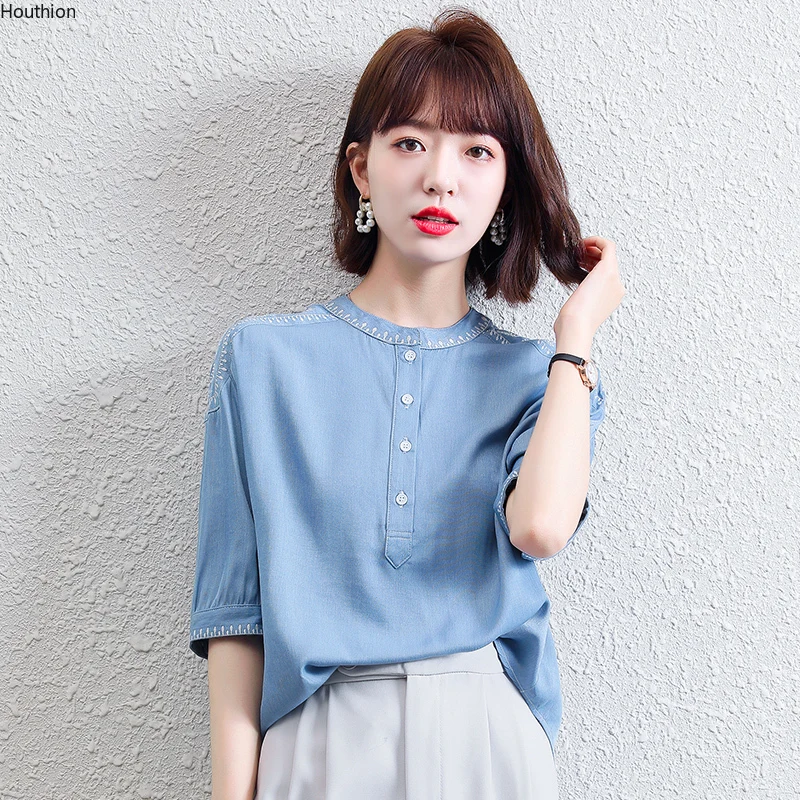

Women's Blouses Fashion Tops Casual Shirts Blouse Embroidery Loose Chiffon O Collar Shirt Short Sleeve Top Korean New Summer