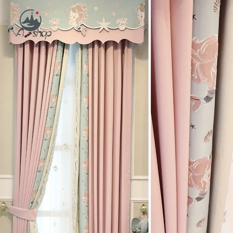 

AS Mermaid Lace Full Shading Pink Girl Princess Style Cartoon Children's Room Simplicity Curtains for Living Dining Room Bedroom