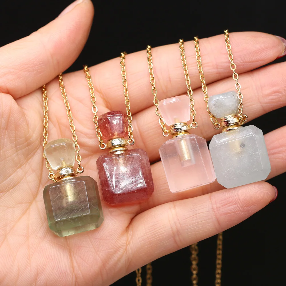 

Fine Stainless Steel Natural Stone Pendant Necklace Perfume Bottle Aquamarines for Necklace Jewelry Making Gift for Women