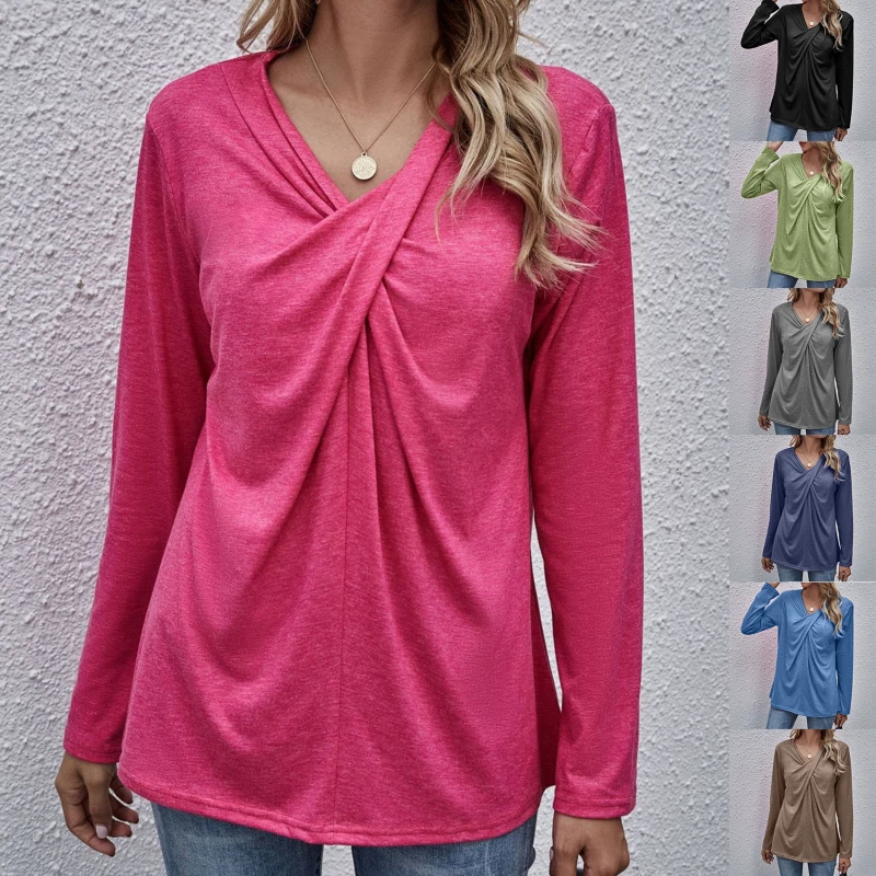 

Ladies T-shirt Knot Front Twisted Casual Tops V-Neck For Women Loose Solid Color Long Sleeve T-shirt
