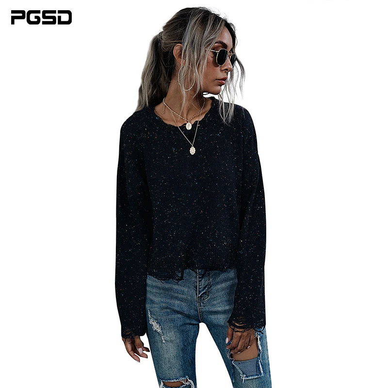 

PGSD New Autumn Winter Women Sweater Korean Clothing Knitted Black Short Tassel Crew Neck Long Sleeve Top Female Casual Pullover