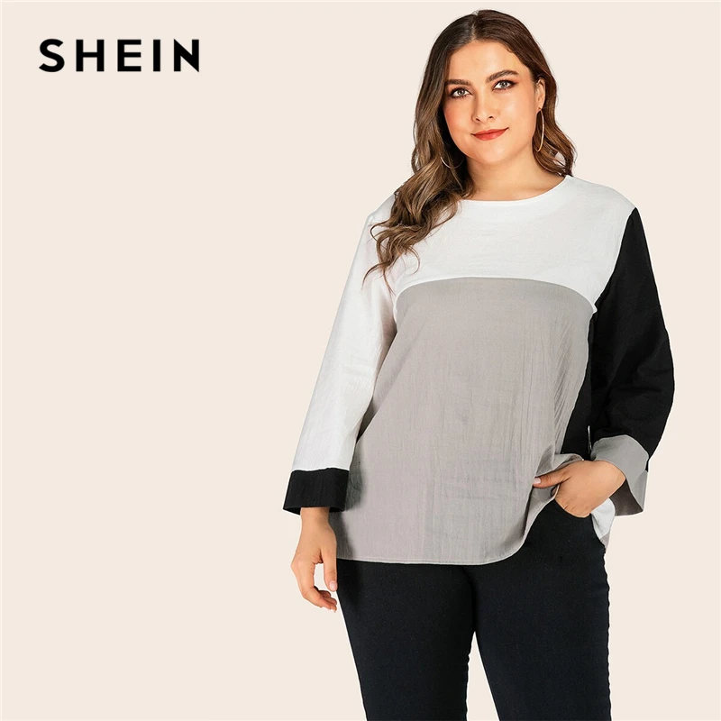 SHEIN/большие размеры; разноцветная блуза с широкими рукавами; Женская Повседневная блуза с круглым вырезом; сезон весна-осень; abaya Plus