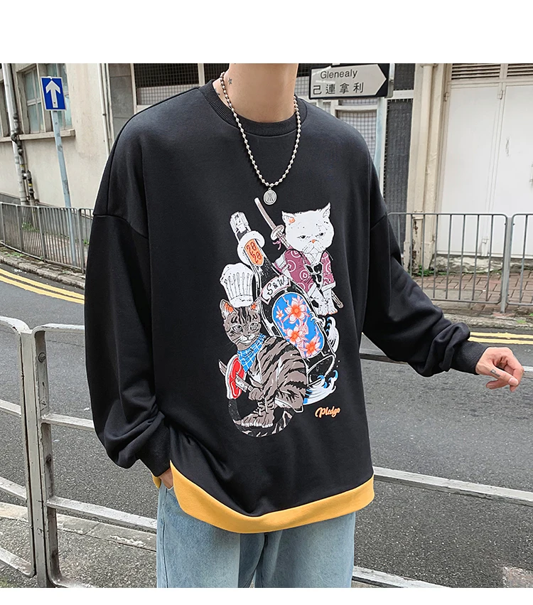LAPPSTER мужские толстовки Harajuku негабаритных кошек осенние мужские японские уличные черные толстовки мужские забавные хлопковые толстовки с принтом