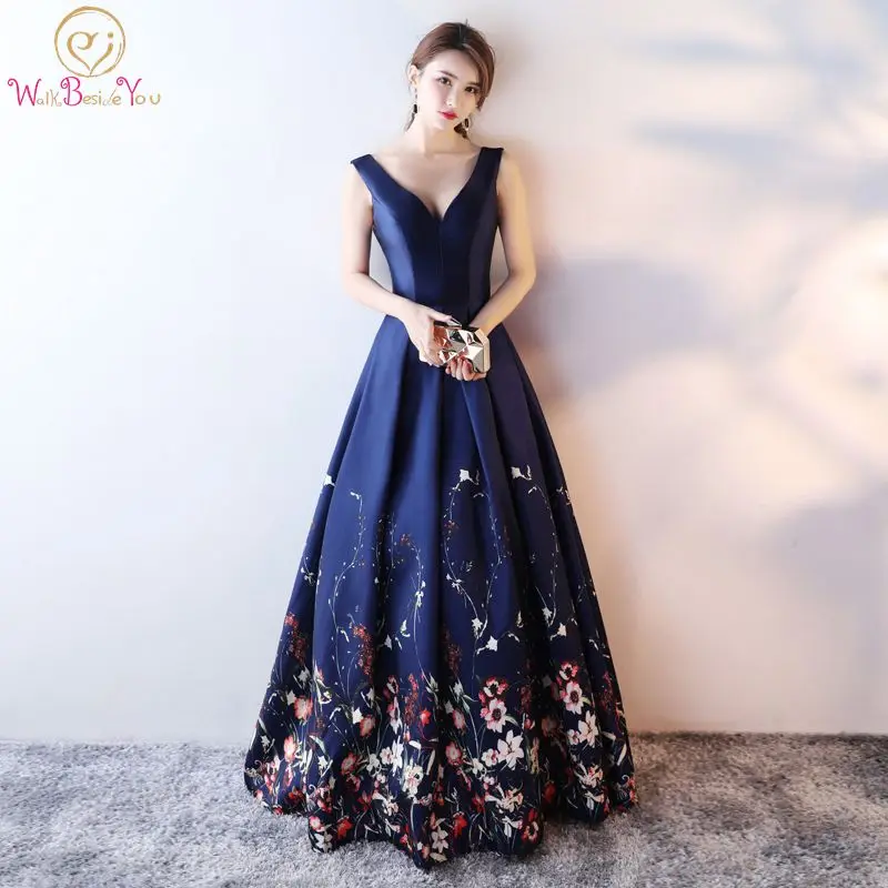 

Burgundy Floral Prom Gown Navy Blue 2020 New Long Elegant A Line Sleeveless Patern Satin Evening Dress Formal Party Graduation