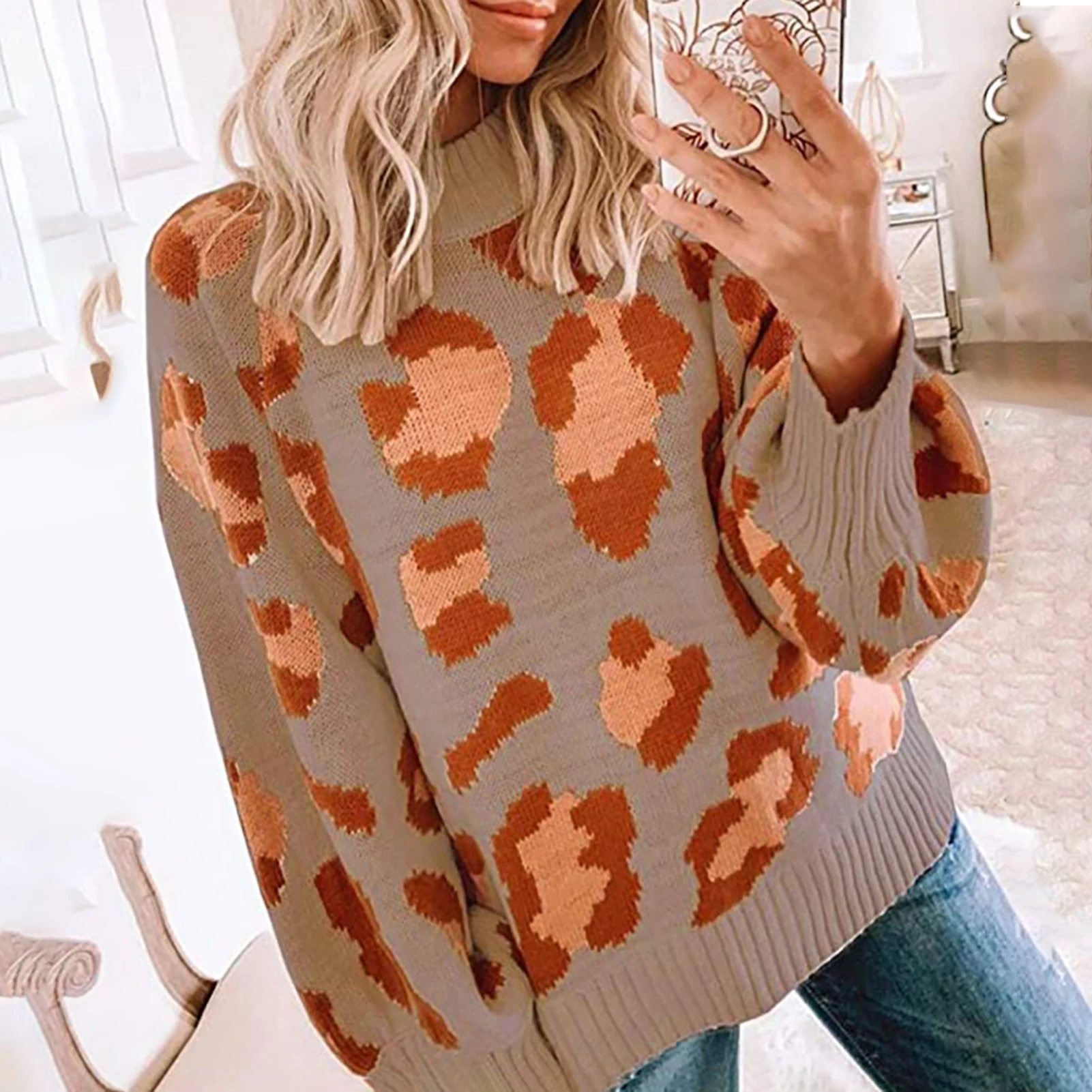 

2020 Autumn Winter Sweater Women Knitted Women Casual Knitwear Pullover O Neck Long Sleeve Leopard Patchwork Sweater 2020