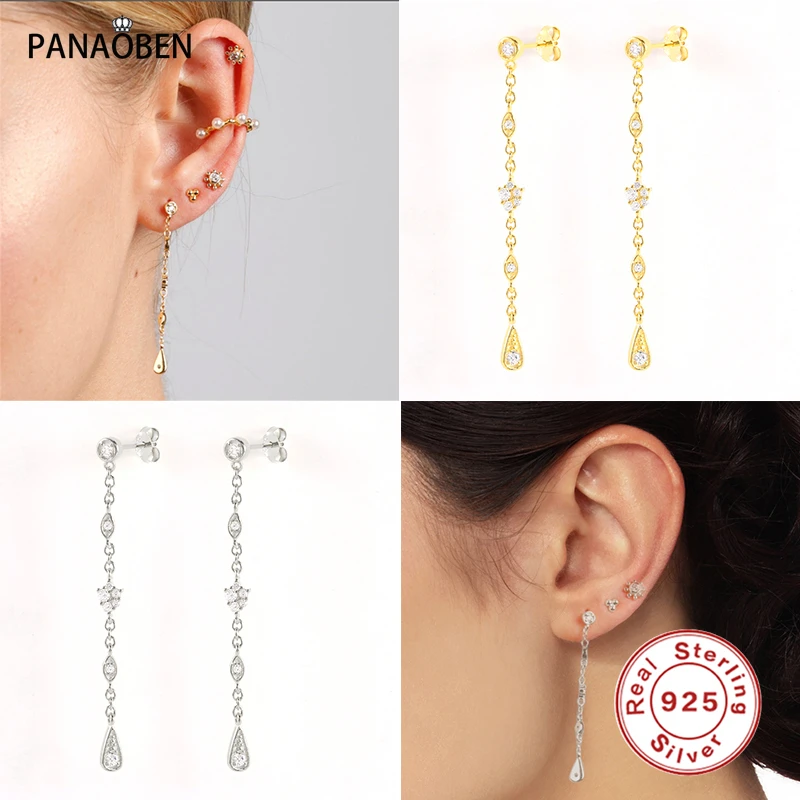 

PANAOBEN 925 Sterling Silver Ear Hoops Earrings for Woman Crystals White Zircon Korean Girl Pendientes 925 Fine Jewelry Brincos