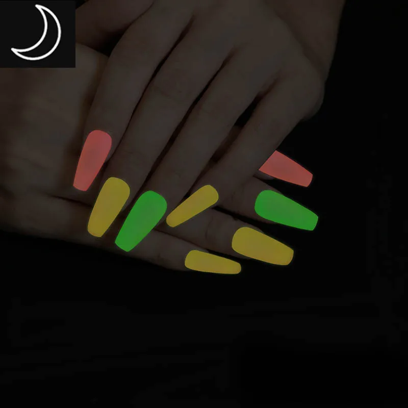 Luzes de Néon Festival de Música Caixão de Imprensa em Pregos para Grils Alta Qualidade Multicolor Luminous Unhas Falsas Fluorescente Desgaste 24pcs