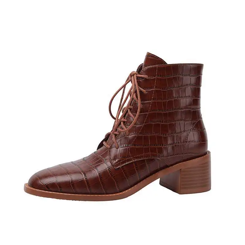 Jual Stok Habis 2022 Sepatu Bot Chelsea Antik Gambar Cetak Berenda Kulit Sapi Sepatu Musim Dingin Hangat Hak Tinggi Sepatu Bot Pergelangan Kaki Wanita Kantor Elegan