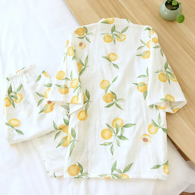 Japanese kimono spring and autumn womens new floral loose pajamas suit 100% cotton three-quarter sleeve home service thin summer